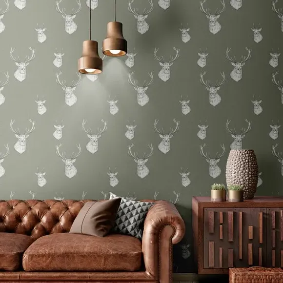 Stag Wallpaper with Matte Finish - Sage