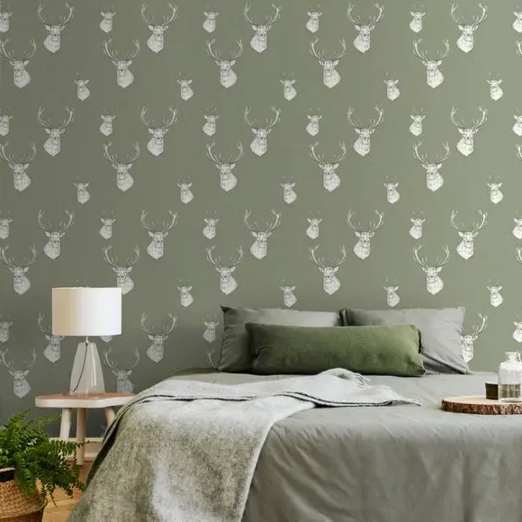 Stag Wallpaper with Matte Finish - Sage