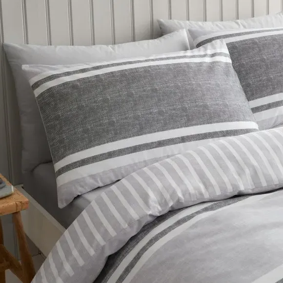 Striped Duvet Cover Set Reversible - Grey, Cotton