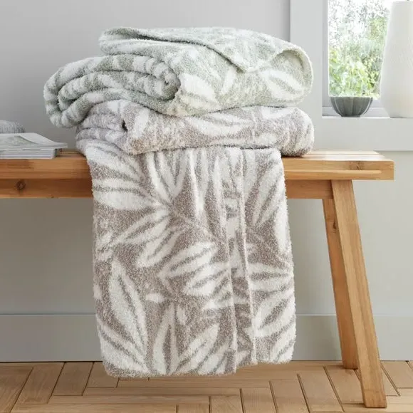 Throw Blanket with Botanical Design - Natural, Fleece