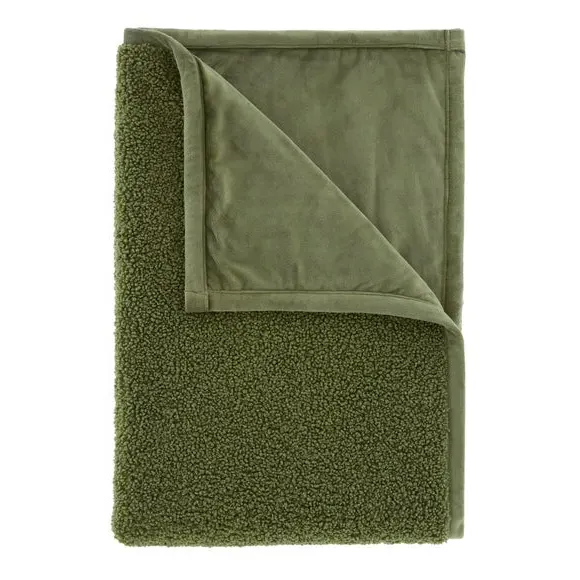 Throw Blanket with Velvet Reverse - Olive, Boucle