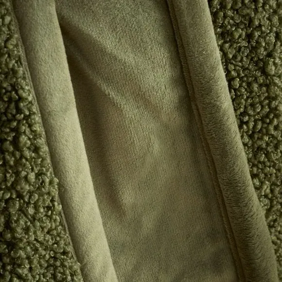 Throw Blanket with Velvet Reverse - Olive, Boucle