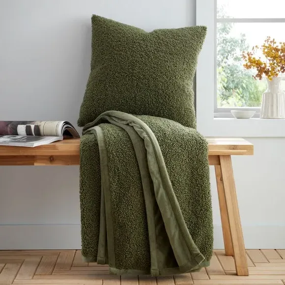 Throw Blanket with Velvet Reverse - Olive, Boucle