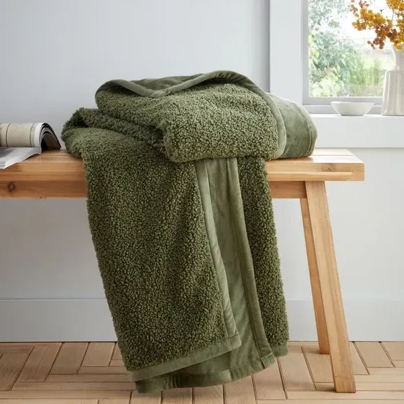 Throw Blanket with Velvet Reverse - Olive, Boucle