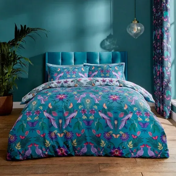 Tropical Floral Duvet Set - Duck Egg, Cotton Blend