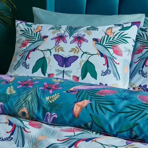 Tropical Floral Duvet Set - Duck Egg, Cotton Blend