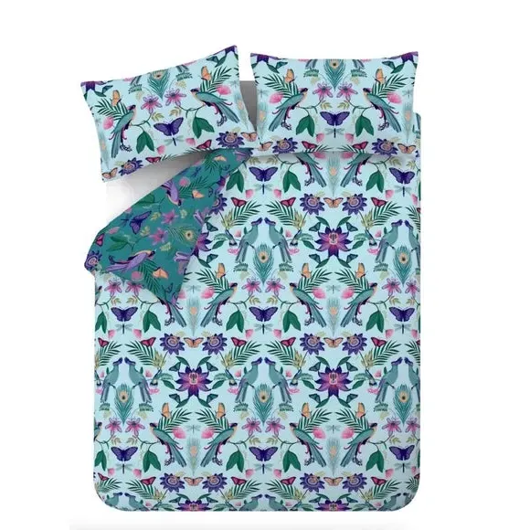 Tropical Floral Duvet Set - Duck Egg, Cotton Blend