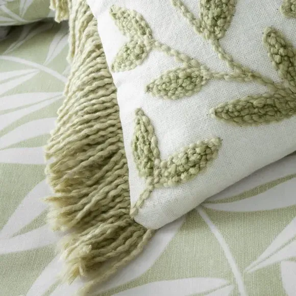Tufted Cushion with Botanical Print - Green, Cotton