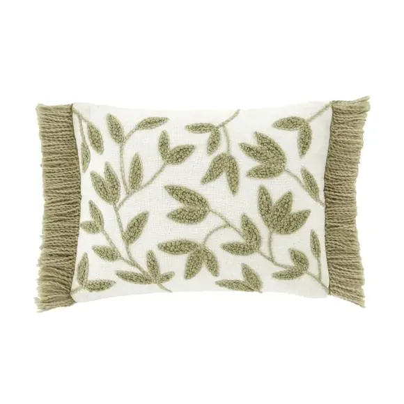 Tufted Cushion with Botanical Print - Green, Cotton