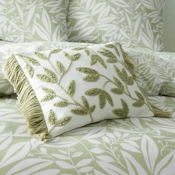 Tufted Cushion with Botanical Print - Green, Cotton image
