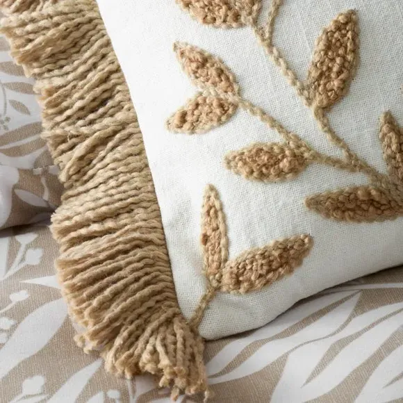 Tufted Cushion with Botanical Print - Natural, Cotton