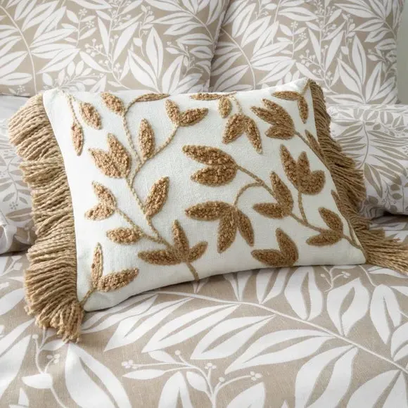 Tufted Cushion with Botanical Print - Natural, Cotton