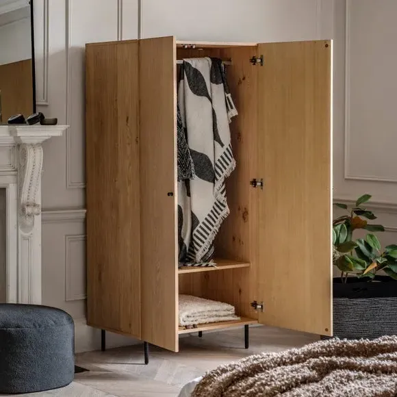 2-Door Wardrobe with Shelf & Rail - Natural, Wood