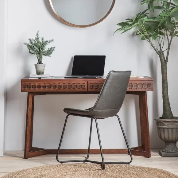 2 Drawer Desk with Fretwork - Brown, Wood