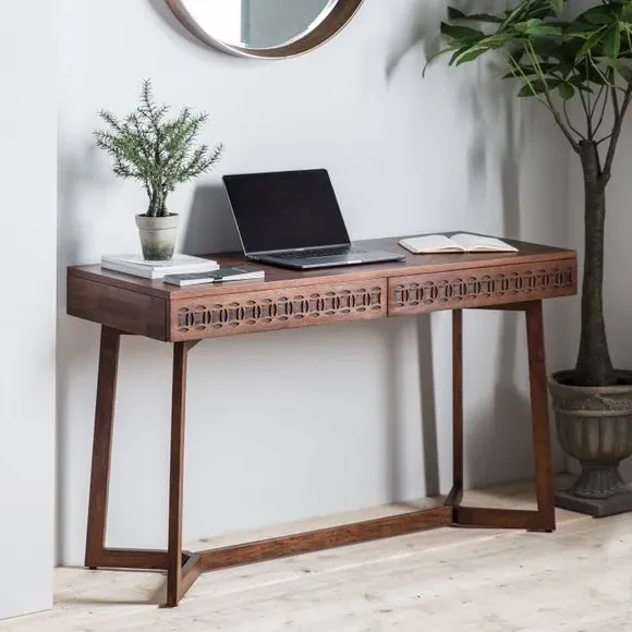 2 Drawer Desk with Fretwork - Brown, Wood image