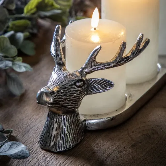 3-Pillar Candle Holder Stag Design - Grey, Aluminium