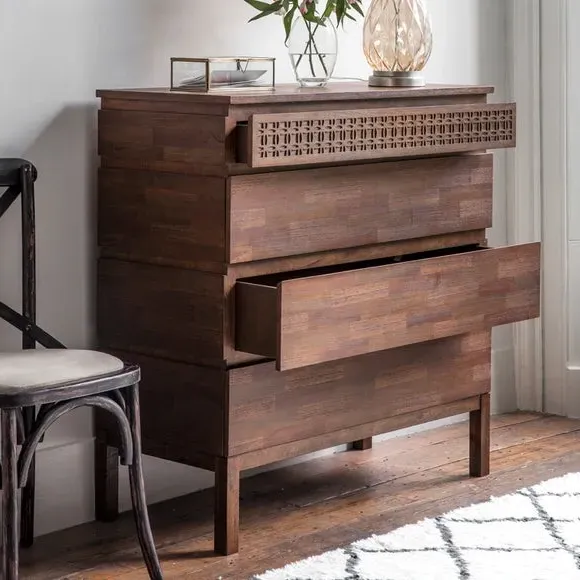 4-Drawer Chest with Inlaid Pattern - Brown, Mango