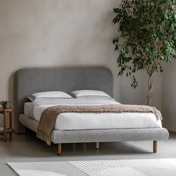 Bed Frame with Curved Headboard - Stone, Boucle
