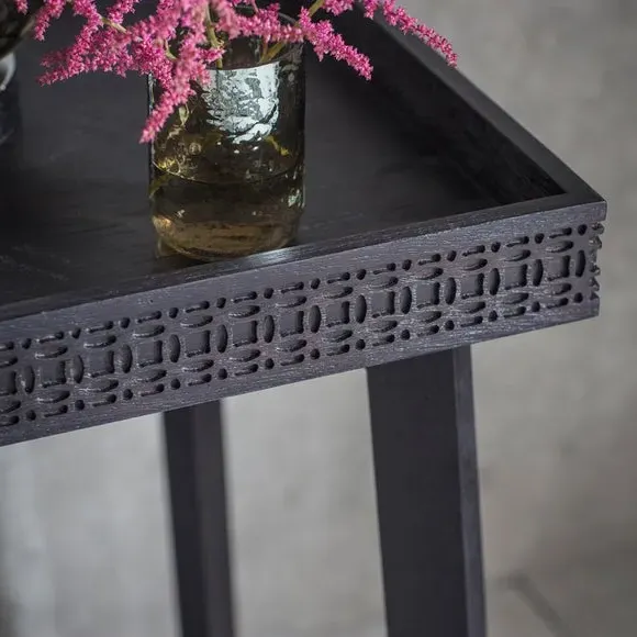 Bedside Table with Inlaid Pattern - Black, Mango