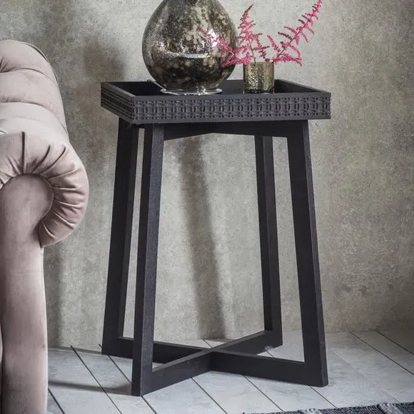Bedside Table with Inlaid Pattern - Black, Mango