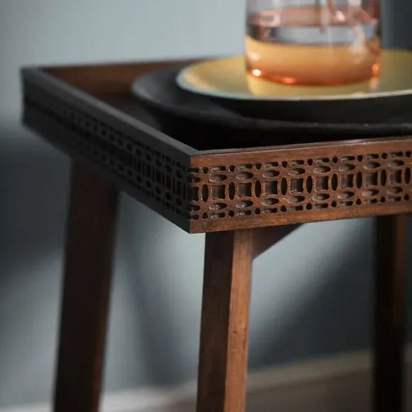 Bedside Table with Inlaid Pattern - Brown, Mango