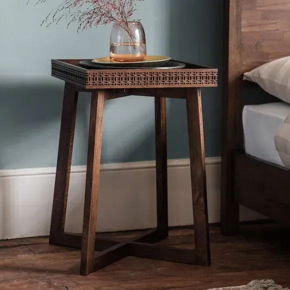 Bedside Table with Inlaid Pattern - Brown, Mango image