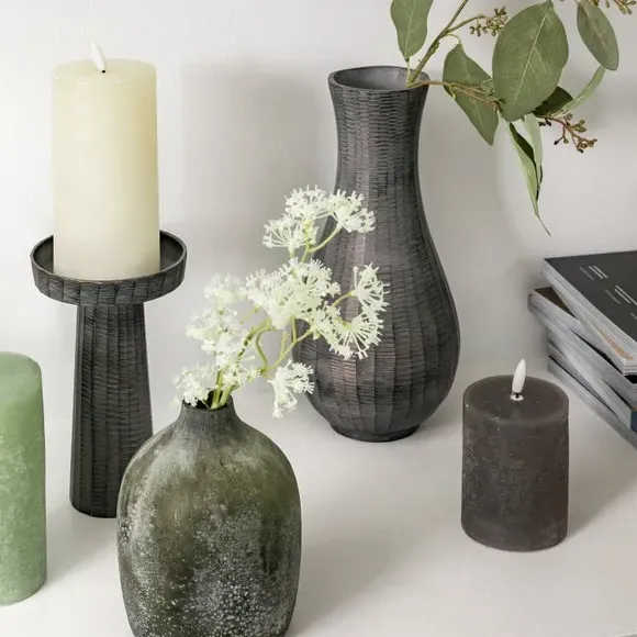Candle Holder with Linear Pattern - Grey, Aluminium