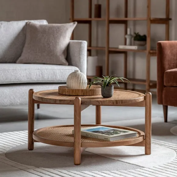 Coffee Table with Rattan Shelf - Natural, Mango Wood