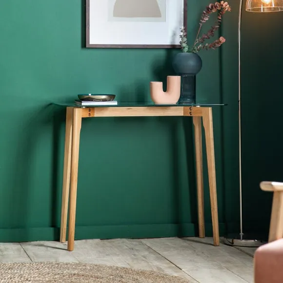 Console Table with Glass Top - Light Wood, Oak