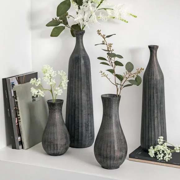 Fluted Vase with Flowing Shape - Grey, Metal