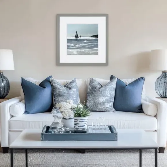 Framed Print Seascape with Sailboats - Blue image