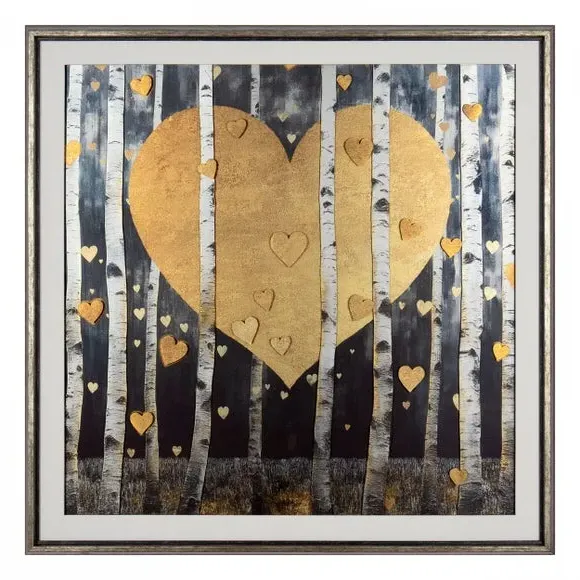 Framed Print with Heart Motif - Gold, Textured