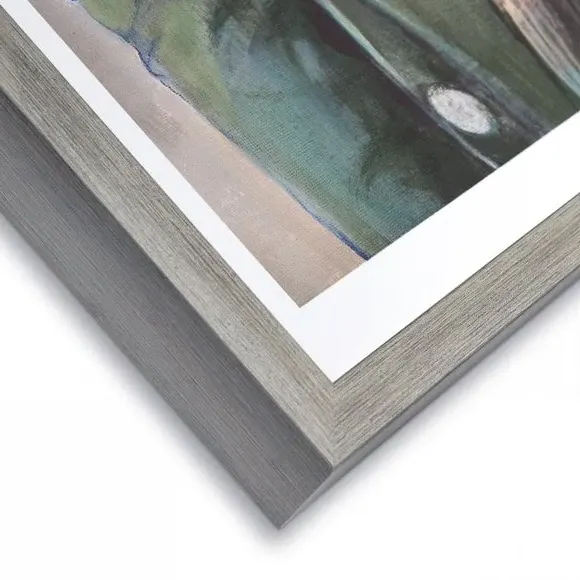 Highland Cow Framed Print - Grey, Wood Effect