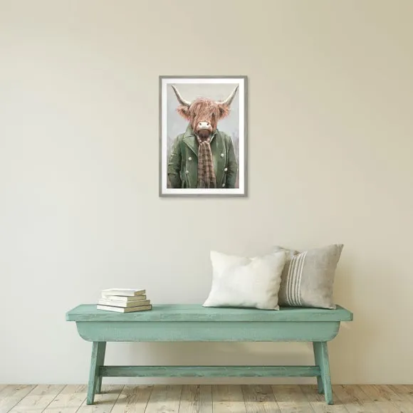 Highland Cow Framed Print - Grey, Wood Effect image