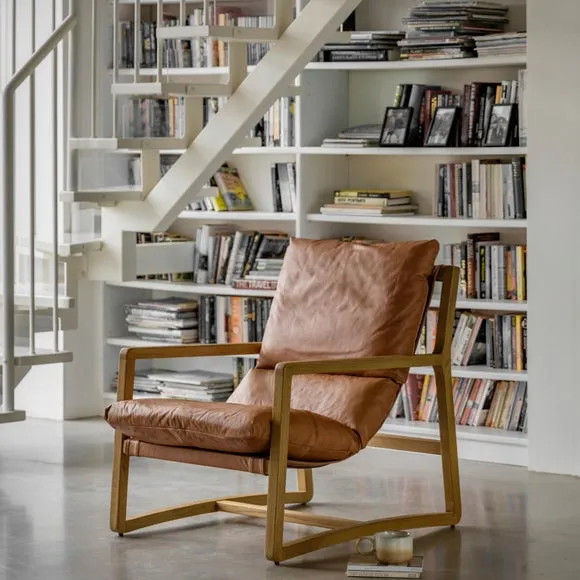 Lounge Chair with Wooden Base - Brown, Leather