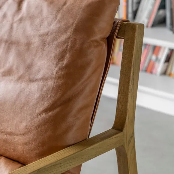 Lounge Chair with Wooden Base - Brown, Leather