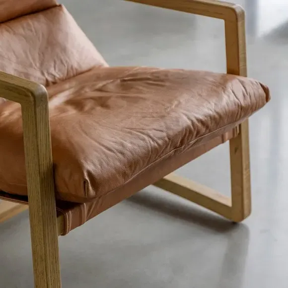 Lounge Chair with Wooden Base - Brown, Leather