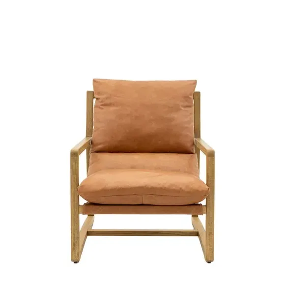 Lounge Chair with Wooden Base - Brown, Leather
