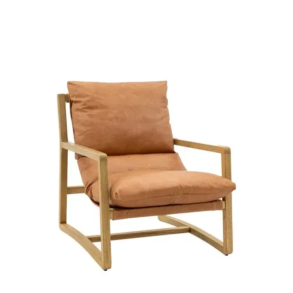 Lounge Chair with Wooden Base - Brown, Leather