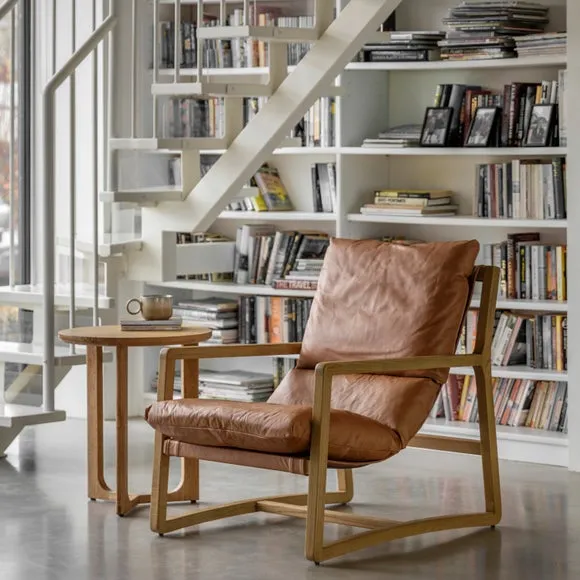 Lounge Chair with Wooden Base - Brown, Leather image