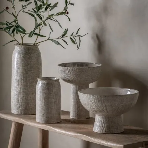 Medium Bowl Vase with Ribbed Texture - Natural