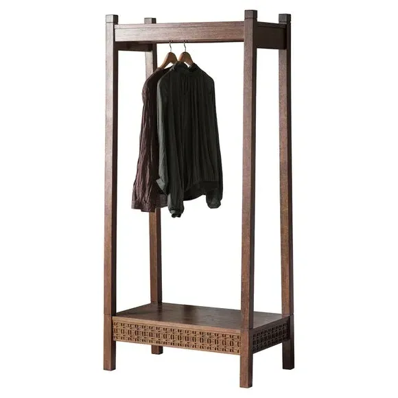 Open Wardrobe with Inlaid Pattern - Brown, Mango Wood