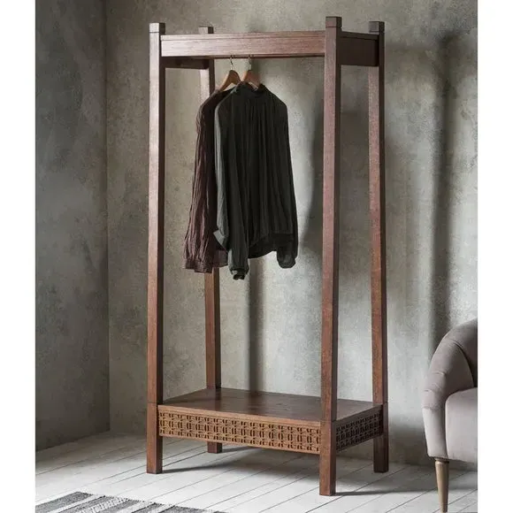 Open Wardrobe with Inlaid Pattern - Brown, Mango Wood