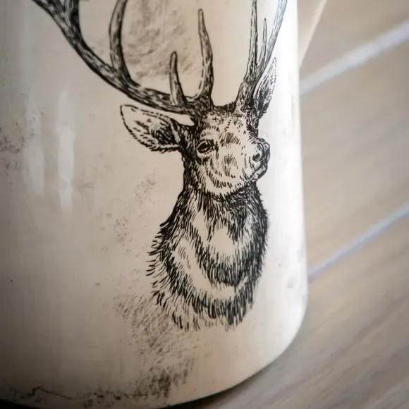 Pitcher Vase with Stag Design - White, Ceramic