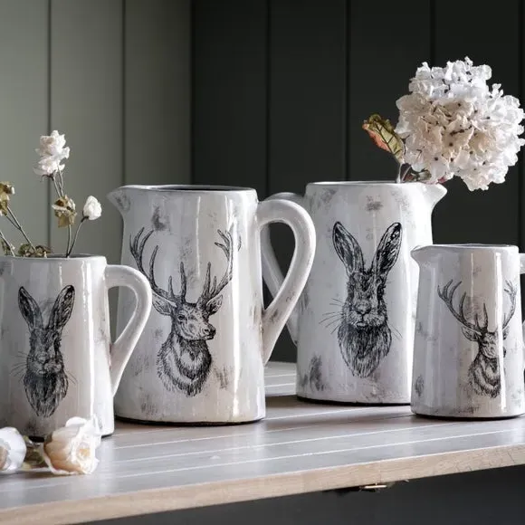 Pitcher Vase with Stag Design - White, Ceramic