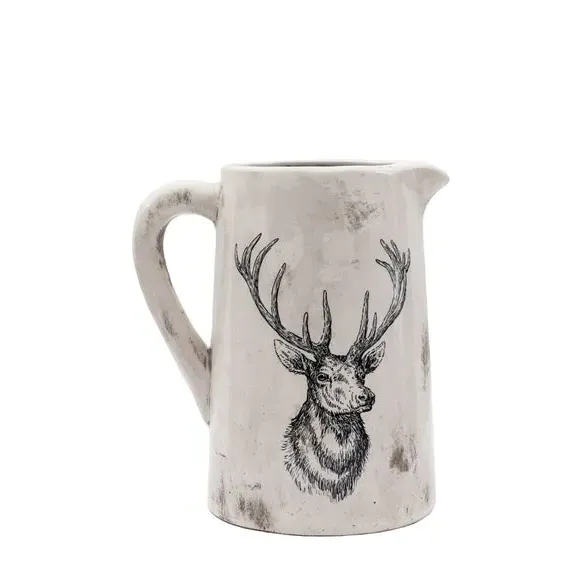 Pitcher Vase with Stag Design - White, Ceramic