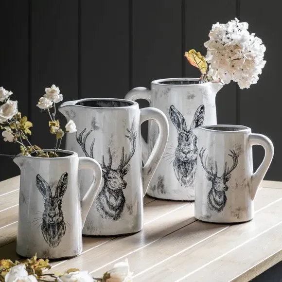 Pitcher Vase with Stag Design - White, Ceramic