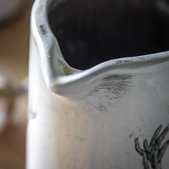 Pitcher Vase with Stag Design - White, Ceramic