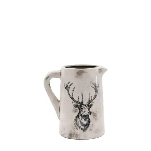 Pitcher Vase with Stag Design - White, Ceramic