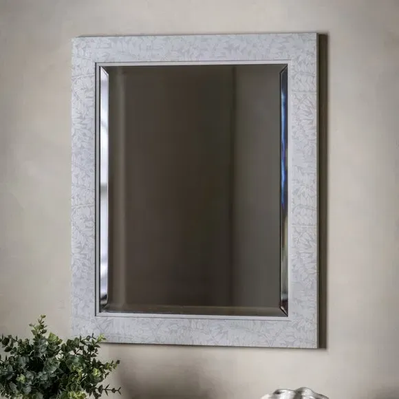 Rectangle Wall Mirror with Floral Frame - Grey